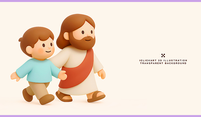 PSD 편집이미지 옷 종교 문화 어린이 하늘색 함께함 미소 걷기 귀여움 예수 그림 소통 사순절 스타일 편집3D 컨셉 모션 표정 사람 파란색 3D 신_종교 파일형식