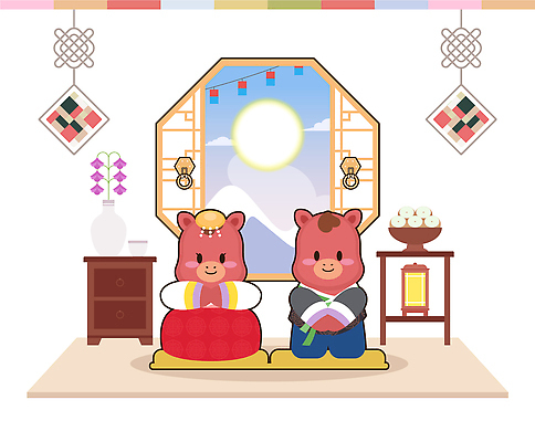 동물 한국전통 감정 아시아 무기 컨셉 포유류 모션 태양 말_동물 전통의상 파일형식 벡터 2026년 곰 캐릭터 전통 옷 한복 방 햇빛 행복 앉기 우아함 장면 창 벽 장식 그림 귀여움 조명 한국 국내일러스트 AI파일 일러스트 새해 붉은말 병오년