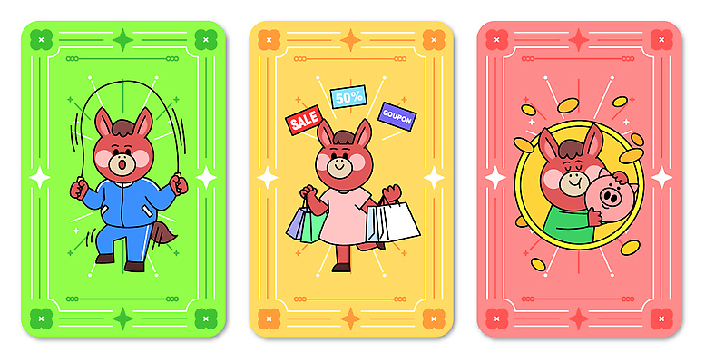 잡화 감정 컨셉 표정 건강 말_동물 파일형식 벡터 2026년 캐릭터 쇼핑 세일 운동 가방 즐거움 컬러 백그라운드 쿠폰 웃음 이벤트 상품 소비 상점 그래픽 국내일러스트 AI파일 일러스트 붉은말 병오년 부적 행운