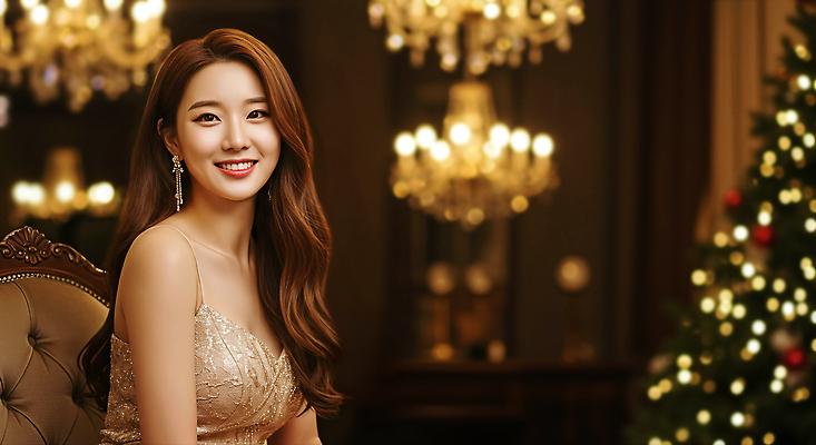 JPG 편집이미지 헤어스타일 드레스 여자 행복 크리스마스 장신구 조명 실내 미소 장식 파티 분위기 고급 우아함 뷰티풀 송년회 편집실사 AI인물포토 AI콘텐츠 옷 기념일 감정 컨셉 표정 사람 이벤트 내부 CG 연말 파일형식 AI포토