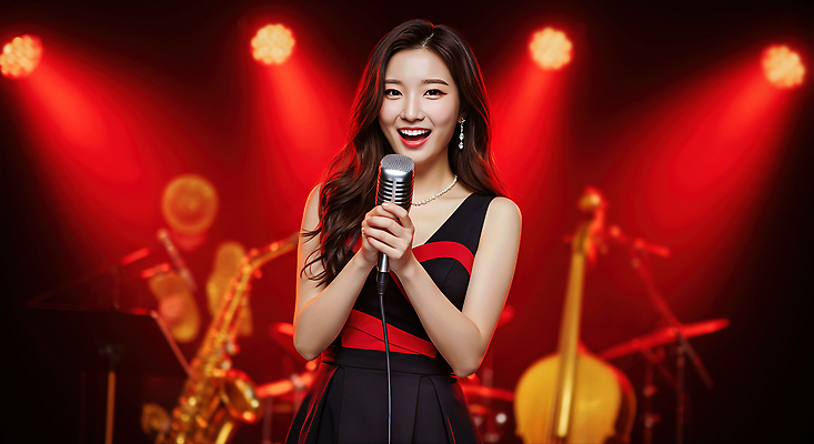 JPG 편집이미지 드레스 여자 감정 음악 노래 조명 공연 무대 군중 셀프카메라 마이크 라이브 아티스트 스타일 송년회 편집실사 AI인물포토 AI콘텐츠 직업 옷 음향기기 문화예술 사람 이벤트 사진촬영 CG 연말 파일형식 AI포토