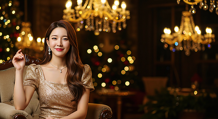 JPG 편집이미지 드레스 여자 안경 포즈 크리스마스 조명 실내 장식 캐주얼 분위기 고급 우아함 친목 뷰티풀 스타일 송년회 편집실사 AI인물포토 AI콘텐츠 잡화 옷 기념일 컨셉 사람 내부 CG 연말 파일형식 AI포토