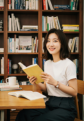 JPG 편집이미지 여자 커피 탁자 미소 책 학습 독서 노란색 교양 시간 서재 편안함 집중 조용 북카페 편집실사 AI인물포토 AI콘텐츠 교육 음료 컬러 가구 컨셉 표정 사람 카페 감각 CG 파일형식 AI포토
