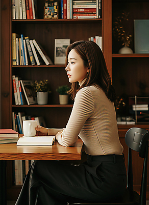 JPG 편집이미지 여자 커피 의자 모션 휴식 따뜻함 취미 책 독서 공간 카페 시간 분위기 편안함 집중 북카페 편집실사 AI인물포토 AI콘텐츠 음료 가구 컨셉 사람 상점 감각 CG 파일형식 AI포토