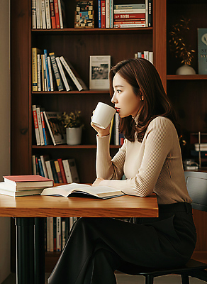 JPG 편집이미지 여자 커피 탁자 조명 책장 책 학습 소파 독서 시간 분위기 서재 편안함 집중 북카페 편집실사 AI인물포토 AI콘텐츠 교육 음료 가구 컨셉 의자 사람 카페 감각 CG 파일형식 AI포토