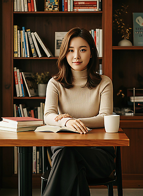 JPG 편집이미지 라이프스타일 여자 문화 커피 책 학습 독서 교양 시간 분위기 서재 편안함 집중 책상 조용 북카페 편집실사 AI인물포토 AI콘텐츠 교육 음료 가구 컨셉 사람 생활 카페 감각 CG 파일형식 AI포토