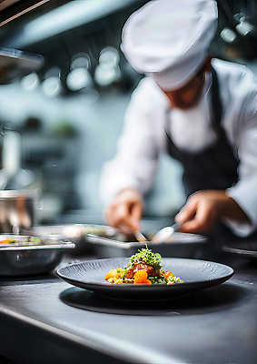JPG 편집이미지 음식 식탁 요리 주방 레스토랑 요리사 식사 저녁 집중 플레이팅 편집실사 AI인물포토 AI콘텐츠 직업 컨셉 탁자 식당 야간 상차림 CG 파일형식 AI포토
