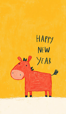 JPG 동물 전통 행복 어린이 예술 일러스트 새해 풍경 빨간색 귀여움 축제 축하 인사 소 즐거움 그림 손그림 연휴 노란배경 국내일러스트 병오년 붉은말 감정 컬러 백그라운드 컨셉 포유류 사람 공휴일 노란색 예절 말_동물 파일형식 2026년