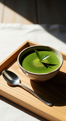 JPG 편집이미지 그릇 음료 음식 컬러 잎 자연 잔 쟁반 수저 초록색 햇빛 녹차 말차 오후 편집실사 AI포토 AI콘텐츠 식물 식기 차_음료 태양 CG 생태계 파일형식