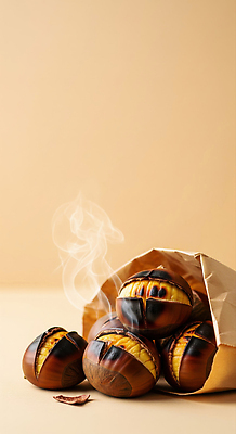 JPG 편집이미지 한식 디저트 따뜻함 종이봉투 과자 연기 향기 군밤 먹거리 간편조리식품 편집실사 음식 봉투 밤_견과류 굽기 CG 냄새 파일형식