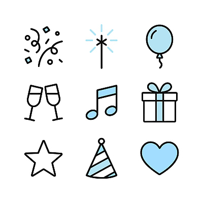 아이콘 기념일 별 음악 크리스마스 선물 장식 파티 축제 하트 축하 생일 화려 샴페인 풍선 2D아이콘 AI파일 자연요소 모양 컨셉 문화예술 주류 이벤트 파일형식 벡터