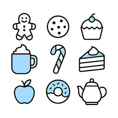 아이콘 음료 컬러 크리스마스 디저트 컵 쿠키 과자 케이크 도넛 사과 찻주전자 설탕 배열 그림 2D아이콘 AI파일 식기 기념일 음식 과일 주전자 파일형식 벡터