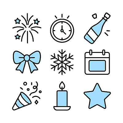 아이콘 기념일 별 리본 시계 크리스마스 촛불 새해 불꽃놀이 이벤트 장식 파티 달력 축하 눈송이 샴페인 오브젝트 2D아이콘 AI파일 자연요소 컨셉 초 놀이 주류 눈_날씨 파일형식 벡터