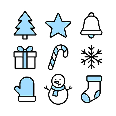 나무 아이콘 기호 별 장갑 크리스마스 겨울 도안 눈사람 양말 사탕 선물 파란색 종 눈송이 2D아이콘 AI파일 자연요소 식물 문자 잡화 계절 기념일 컬러 디저트 눈_날씨 파일형식 벡터