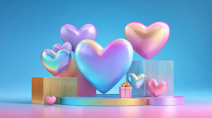 JPG 모양 편집이미지 분홍색 컬러 백그라운드 선물 사랑 장식 파란색 금색 하트 축하 크기 부드러움 파스텔 홀로그램 편집3D 감정 컨셉 학용품 3D 감각 파일형식