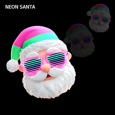 PSD 편집이미지 캐릭터 행복 감정 분홍색 컬러 크리스마스 겨울 웃음 장식 선글라스 산타클로스 축제 축하 즐거움 네온 편집3D 계절 기념일 안경 컨셉 표정 3D 파일형식