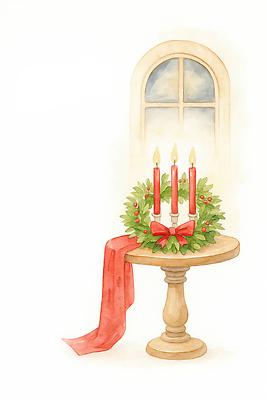 JPG 식물 리본 창 잎 크리스마스 겨울 일러스트 초 촛불 가족 탁자 따뜻함 장식 빛 축제 화환 모임 분위기 안락 국내일러스트 AI일러스트 AI콘텐츠 계절 기념일 꽃 무기 가구 컨셉 관계 파일형식