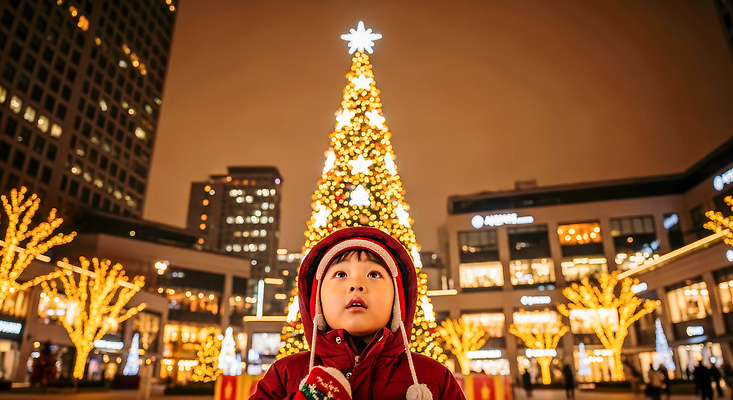 JPG 나무 편집이미지 어린이 크리스마스 겨울 가족 조명 이벤트 장식 빛 크리스마스트리 축제 도시 쇼핑몰 즐거움 호기심 편집실사 식물 계절 기념일 감정 컨셉 관계 사람 CG 파일형식