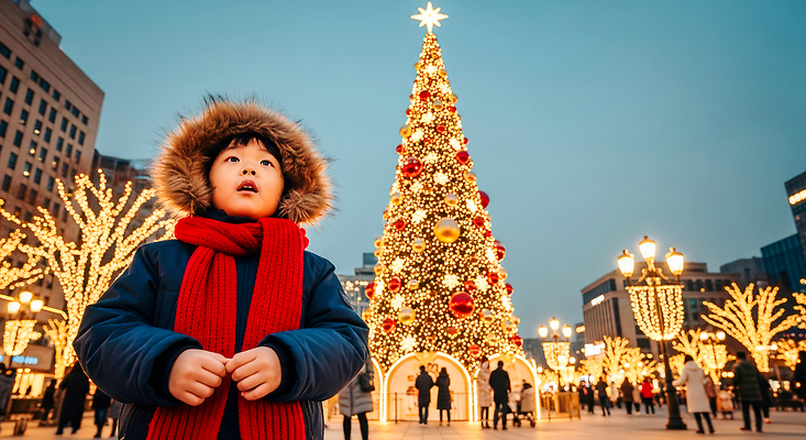 JPG 편집이미지 어린이 크리스마스 겨울 조명 거리 야외 크리스마스트리 축제 스카프 놀람 즐거움 패딩 설렘 편집실사 계절 기념일 감정 표정 사람 목도리 점퍼 CG 파일형식
