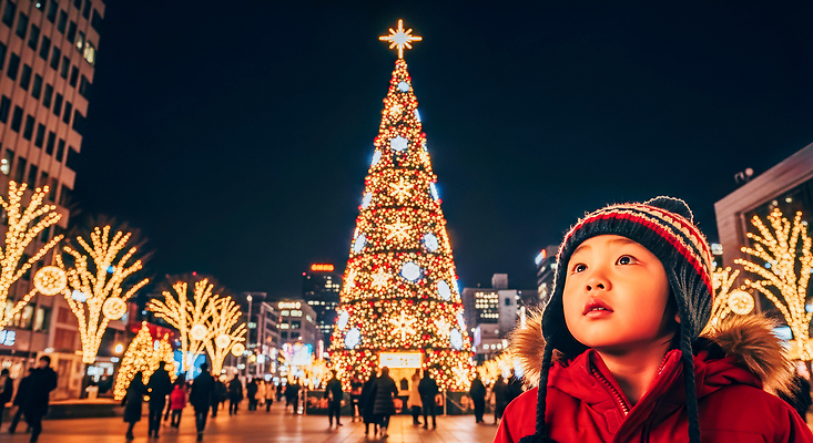 JPG 편집이미지 행복 어린이 크리스마스 겨울 가족 거리 여러명 빛 크리스마스트리 축제 도시 시장 설레임 편집실사 계절 기념일 감정 다수 관계 사람 CG 파일형식