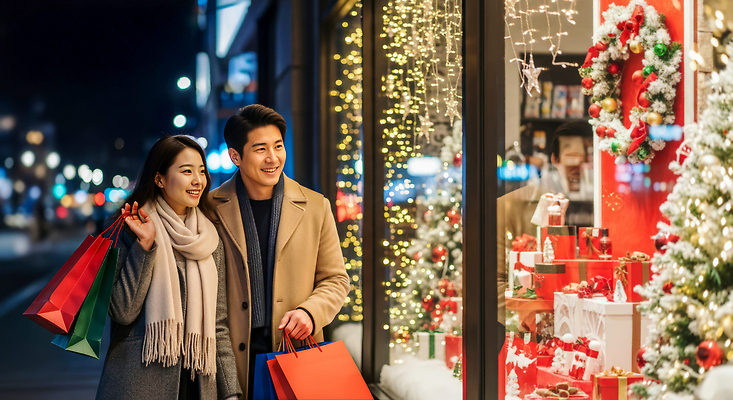 JPG 편집이미지 커플 행복 크리스마스 겨울 조명 거리 선물 여러명 장식 쇼핑 쇼핑백 도시 시간 쇼윈도 연말 편집실사 계절 기념일 감정 다수 가방 관계 사람 전시 CG 파일형식
