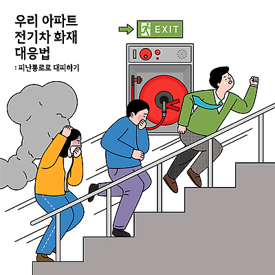 교육 다수 컨셉 자동차 주택 안전 사람 응급 사건 파일형식 벡터 화재 대피 아파트 비상구 전기자동차 연기 계단 응급상황 여러명 이동 방법 도피 안전교육 경로 위험 안전수칙 일러스트 국내일러스트 AI파일
