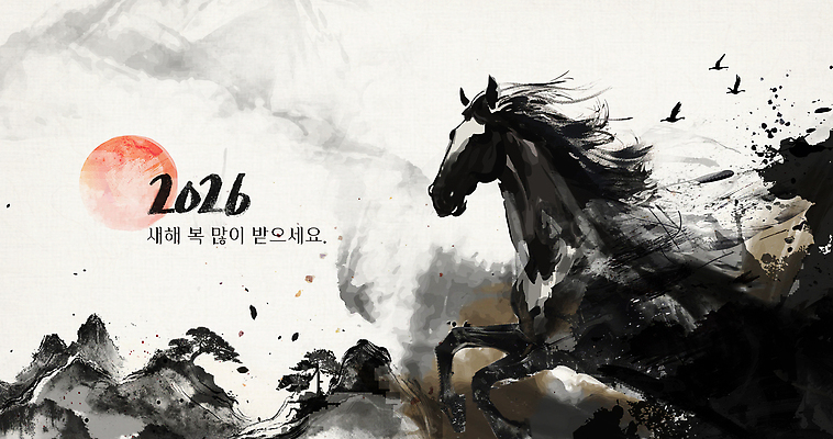 동물 아시아 컨셉 포유류 모션 새해 미술 노을 말_동물 연도 생태계 파일형식 2026년 자연 달리기 풍경 백그라운드 산 조류 조화 평화 축하 한국 전통 예술 일출 수채화 고요 생명 PSD 일러스트 국내일러스트 수묵화 붉은말 병오년 새해복많이받으세요 말