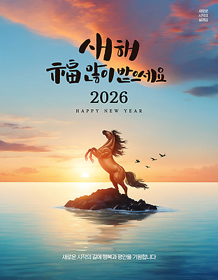 PSD 동물 편집이미지 명절 행복 새해 한국 풍경 평화 일출 희망 꿈 말 말_동물 메시지 2026년 이미지편집 병오년 붉은말 전통 기념일 감정 아시아 컨셉 포유류 노을 연도 파일형식