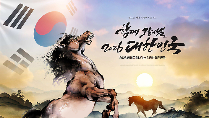PSD 편집이미지 전통 문화 예술 자연 새해 기념 한국 수묵화 풍경 이벤트 힘 말 말_동물 국기 태극기 역동적 2026년 이미지편집 병오년 붉은말 아시아 컨셉 포유류 미술 연도 생태계 파일형식