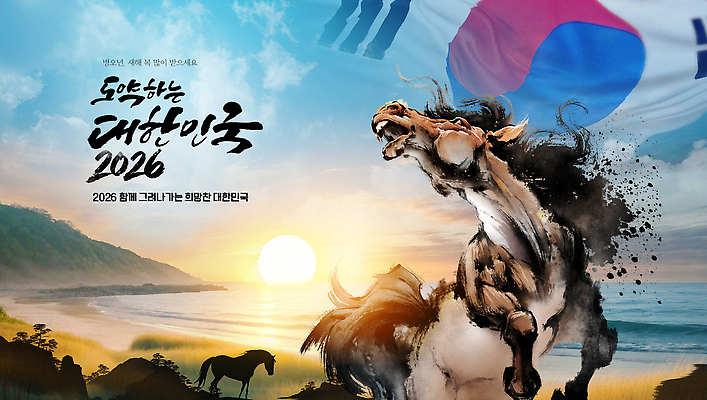 PSD 편집이미지 여유 상징 자연 새해 한국 수묵화 풍경 태양 희망 일몰 꿈 말 말_동물 저녁 태극기 2026년 이미지편집 병오년 붉은말 자연요소 감정 아시아 포유류 미술 노을 국기 야간 연도 생태계 파일형식