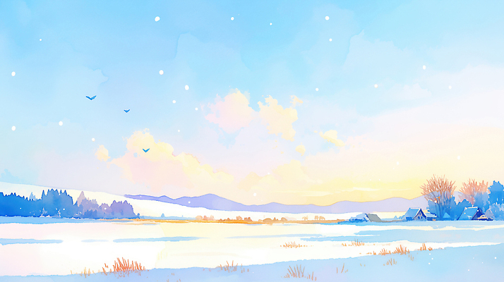 JPG 나무 감정 컬러 겨울 일러스트 자연 조류 하늘 아침 날씨 산 주택 눈꽃 풍경 빛 평화 시골 눈 차가움 수평선 국내일러스트 AI일러스트 AI콘텐츠 주간 자연요소 식물 동물 계절 컨셉 눈_날씨 건물 생태계 파일형식