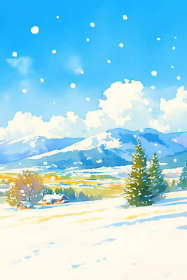 JPG 나무 겨울 일러스트 자연 하늘 날씨 산 주택 따뜻함 풍경 평화 고요 눈 눈송이 조화 청명 풍경화 국내일러스트 AI일러스트 AI콘텐츠 자연요소 식물 계절 컨셉 눈_날씨 건물 그림 생태계 파일형식