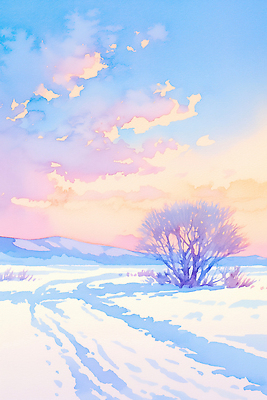 JPG 나무 길 분홍색 컬러 하늘색 겨울 일러스트 자연 하늘 날씨 풍경 초원 고요 일몰 눈 차가움 조화 오후 국내일러스트 AI일러스트 AI콘텐츠 자연요소 식물 계절 파란색 노을 생태계 파일형식