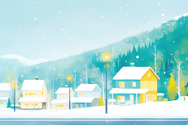 JPG 나무 겨울 일러스트 자연 산 거리 주택 풍경 평화 마을 고요 편안함 눈덮임 국내일러스트 AI일러스트 AI콘텐츠 식물 계절 컨셉 건물 감각 생태계 파일형식