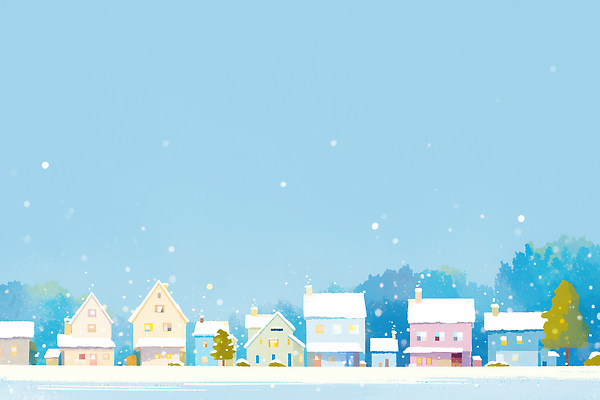 JPG 나무 감정 겨울 일러스트 자연 하늘 주택 눈꽃 풍경 세계 평화 마을 소리 고요 감성 색감 풍경화 국내일러스트 AI일러스트 AI콘텐츠 식물 계절 컨셉 눈_날씨 건물 그림 생태계 파일형식