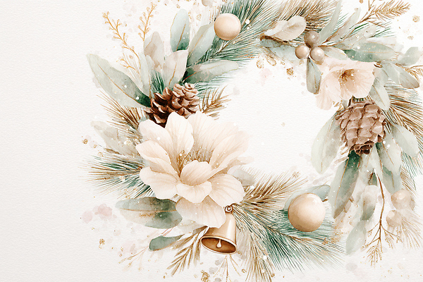 JPG 나무 계절 꽃 크리스마스 겨울 일러스트 자연 따뜻함 장식 축제 화환 장식볼 금색 소나무 원형 청록색 조화 색감 크리스마스리스 국내일러스트 AI일러스트 AI콘텐츠 도형 식물 기념일 컬러 생태계 파일형식