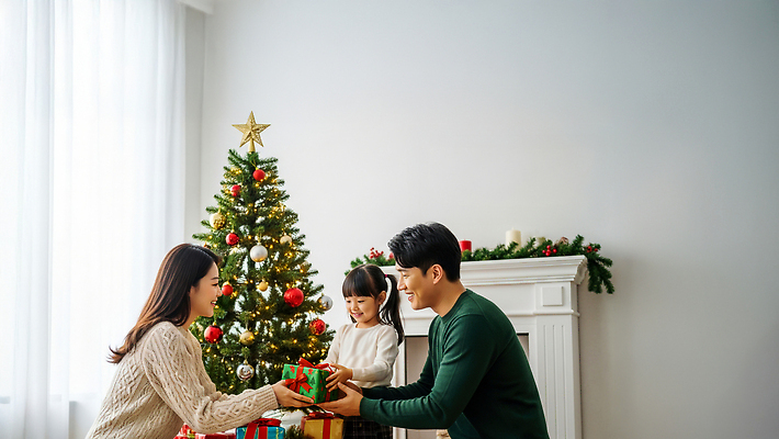 JPG 편집이미지 행복 어린이 크리스마스 가족 주택 함께함 따뜻함 선물 장식 부모 크리스마스트리 축제 기쁨 순간 연말 의료성형뷰티 편집실사 AI인물포토 AI콘텐츠 기념일 감정 컨셉 관계 사람 건물 CG 파일형식 AI포토
