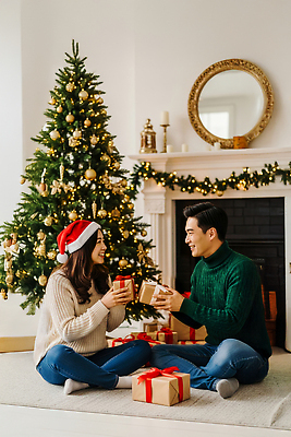 JPG 편집이미지 커플 행복 크리스마스 실내 따뜻함 선물 사랑 웃음 크리스마스트리 축제 기쁨 편안함 의료성형뷰티 편집실사 AI인물포토 AI콘텐츠 기념일 감정 관계 표정 내부 감각 CG 파일형식 AI포토