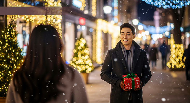 JPG 편집이미지 여자 남자 행복 크리스마스 겨울 조명 거리 선물 사랑 미소 크리스마스트리 만남 분위기 추억 의료성형뷰티 편집실사 AI인물포토 AI콘텐츠 계절 기념일 감정 컨셉 표정 사람 CG 파일형식 AI포토