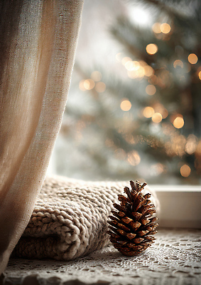 JPG 편집이미지 크리스마스 겨울 자연 주택 따뜻함 빛 인테리어 평화 소나무 편안함 담요 창가 오브젝트 솔방울 편집실사 AI포토 AI콘텐츠 나무 디자인 계절 기념일 컨셉 창문 건물 감각 CG 생태계 파일형식