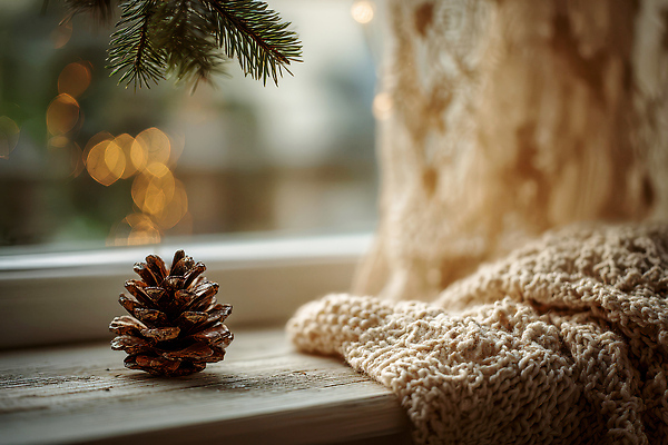 JPG 나무 편집이미지 크리스마스 겨울 자연 집안 실내 따뜻함 장식 편안함 창가 오브젝트 솔방울 겨울풍경 편집실사 AI포토 AI콘텐츠 식물 계절 기념일 창문 풍경 내부 감각 CG 생태계 파일형식