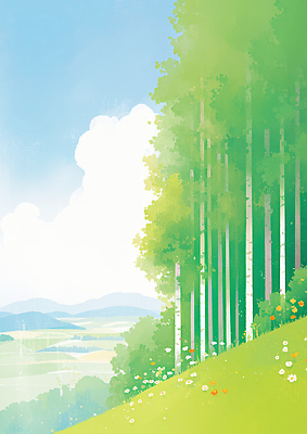 JPG 나무 꽃 일러스트 자연 하늘 바람 풍경 초원 초록색 여름 평화 환경 들꽃 농촌 숲 언덕 청명 국내일러스트 AI일러스트 AI콘텐츠 자연요소 식물 계절 컬러 컨셉 날씨 시골 생태계 파일형식