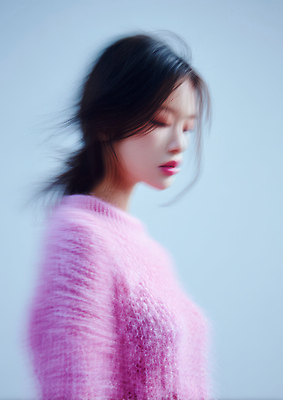 JPG 편집이미지 여자 패션 감정 분홍색 고개숙이기 뒷모습 모형 촬영 매력적 스웨터 파란배경 부드러움 감성 초상화 의료성형뷰티 스타일 이미지편집 AI인물포토 AI콘텐츠 뷰포인트 컬러 백그라운드 컨셉 상의 숙이기 사람 파란색 감각 그림 파일형식 AI포토