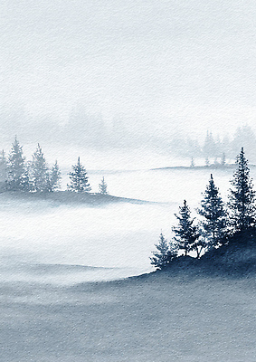 JPG 나무 겨울 일러스트 자연 하늘 수채화 산 그림자 풍경 평화 고요 회색 안개 숲 신비 언덕 멀리 국내일러스트 AI일러스트 AI콘텐츠 식물 계절 컬러 컨셉 날씨 생태계 파일형식