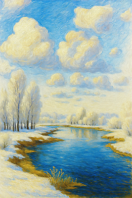 JPG 나무 사계절 예술 컬러 겨울 일러스트 자연 하늘 풍경 물 파란색 강 얼음 고요 흰색 숲 그림 겨울풍경 경관 국내일러스트 AI일러스트 AI콘텐츠 자연요소 식물 계절 생태계 파일형식