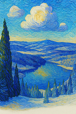 JPG 나무 호수 예술 컬러 겨울 일러스트 자연 하늘 산 풍경 파란색 강 평화 시골 숲 그림 조경 상록수 조화 겨울풍경 국내일러스트 AI일러스트 AI콘텐츠 식물 계절 컨셉 생태계 파일형식