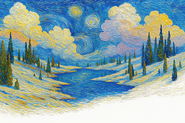 JPG 나무 예술 겨울 일러스트 자연 하늘 아침 미술 풍경 물 파란색 강 일몰 수면 숲 그림 고흐 겨울풍경 눈덮임 국내일러스트 AI일러스트 AI콘텐츠 주간 자연요소 식물 계절 컬러 컨셉 문화예술 노을 생태계 화가 위인 파일형식