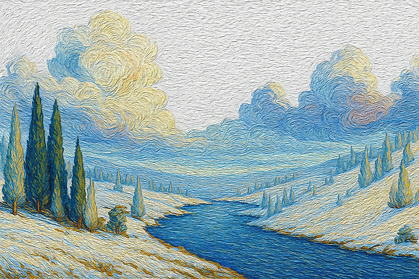 JPG 나무 예술 컬러 일러스트 자연 하늘 날씨 산 풍경 물 파란색 강 평화 고요 흰색 숲 그림 조화 겨울풍경 국내일러스트 AI일러스트 AI콘텐츠 자연요소 식물 컨셉 겨울 생태계 파일형식