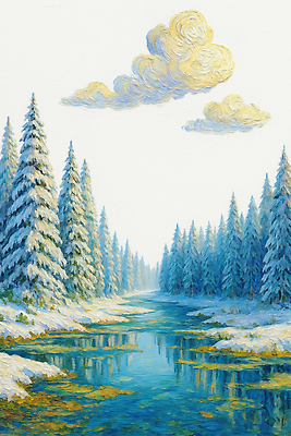 JPG 나무 식물 감정 겨울 일러스트 자연 풍경 물 파란색 강 평화 고요 흰색 숲 조용 겨울풍경 눈덮임 국내일러스트 AI일러스트 AI콘텐츠 자연요소 계절 컬러 컨셉 생태계 파일형식