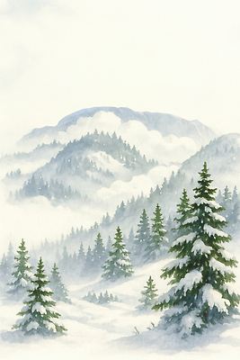 JPG 나무 겨울 일러스트 자연 산 풍경 초록색 평화 흰색 숲 조용 산맥 차분 국내일러스트 AI일러스트 AI콘텐츠 식물 계절 컬러 컨셉 생태계 파일형식